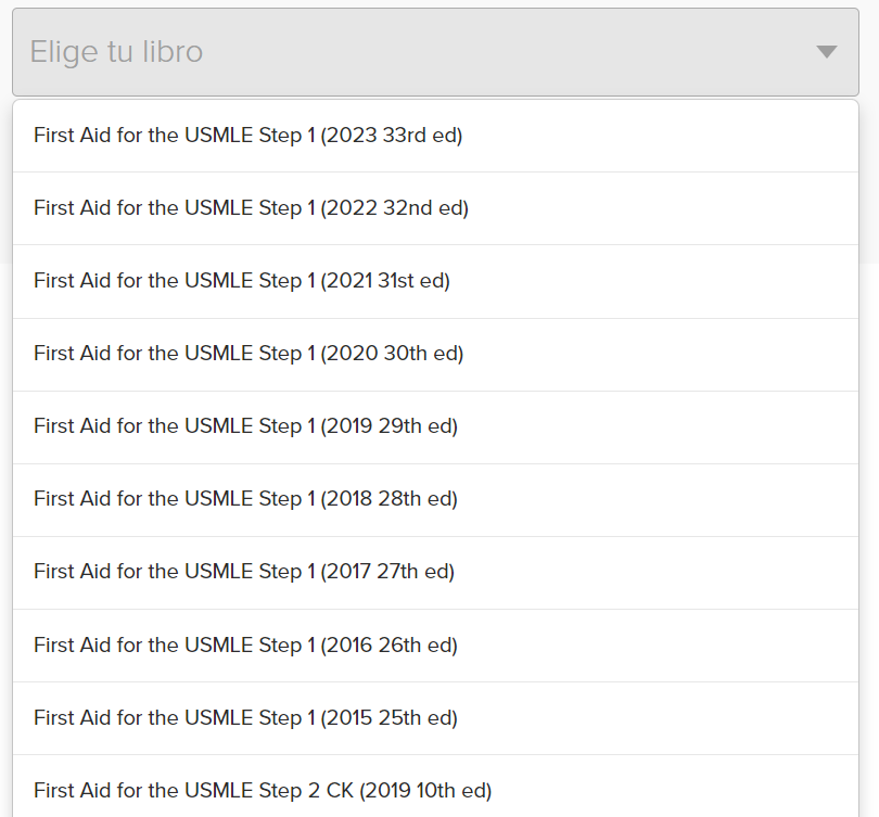 Menú desplegable de selección de libros