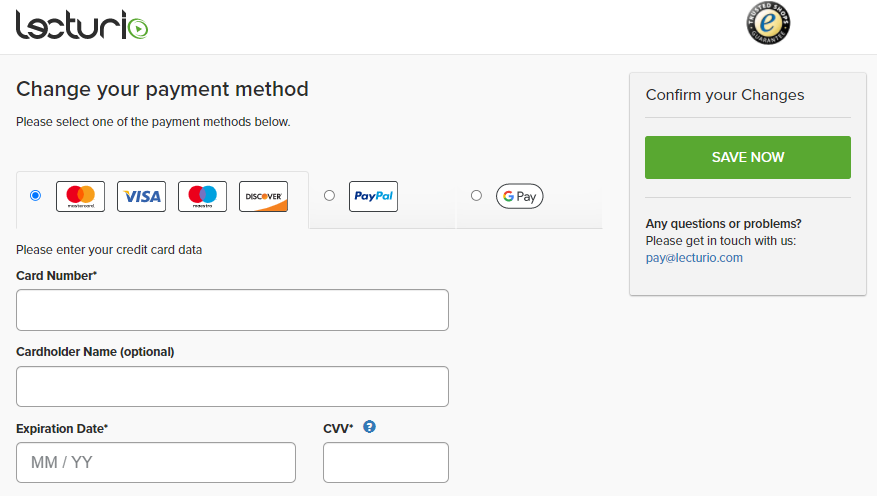 Screenshot showing the payment method change interface with Save Now button