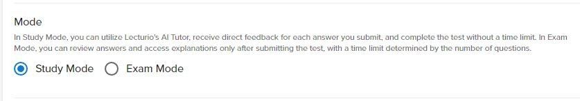 Radio button selection interface showing Study Mode and Exam Mode options