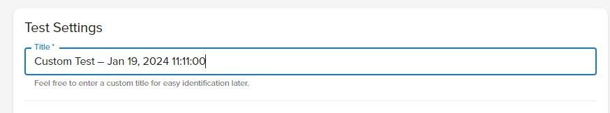 Test title customization field showing default naming convention with date and time