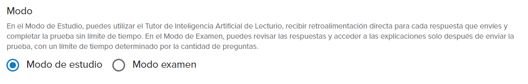 Interfaz de selección entre modo de estudio y modo examen