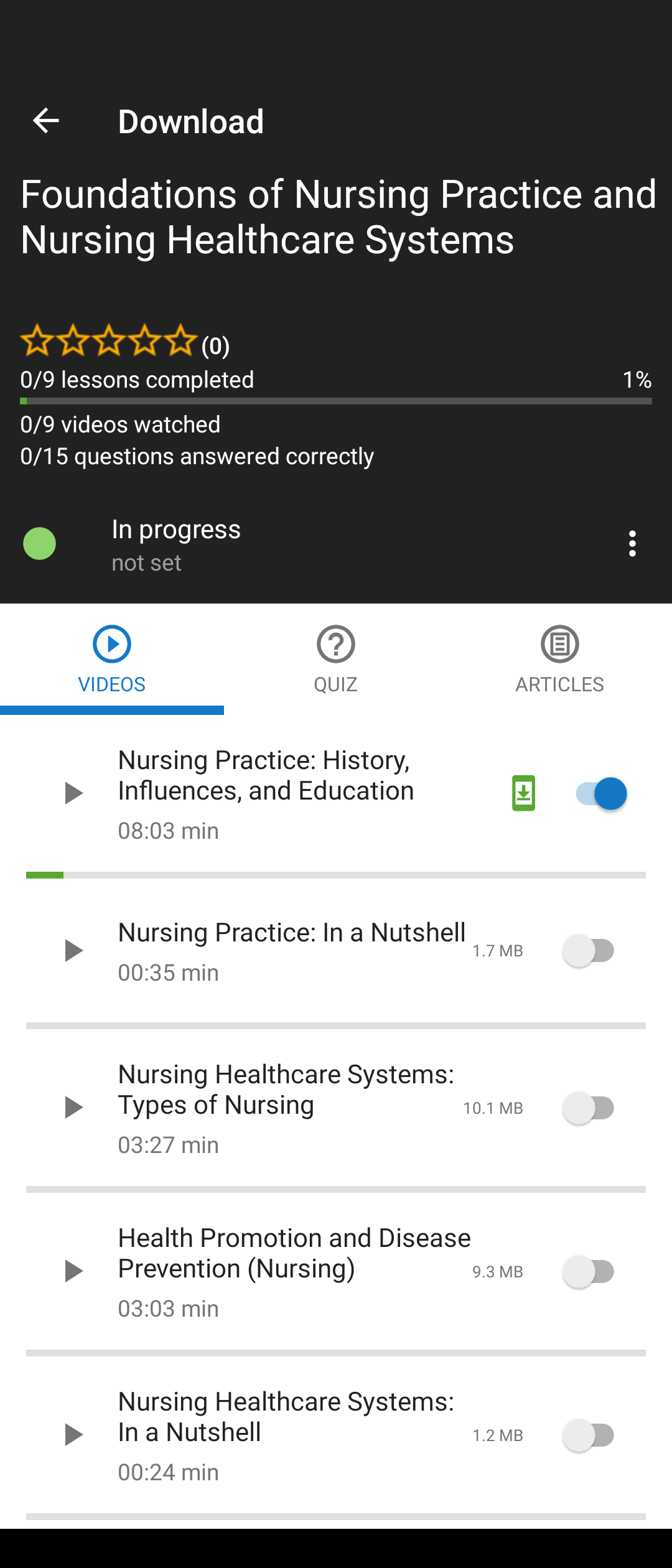 Interfaz de descarga de la aplicación para Android que muestra un interruptor gris junto al título de la lección.