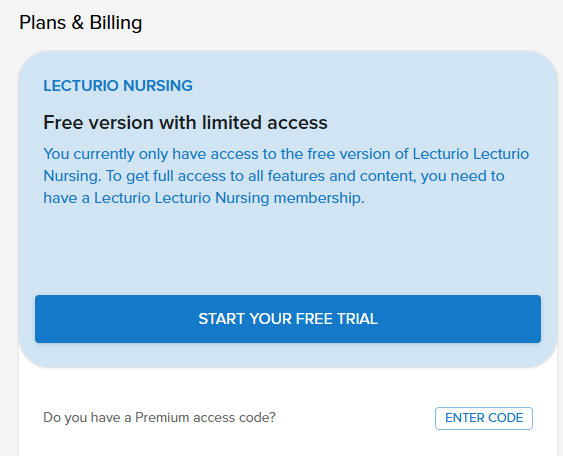 Plans & Billing section with access code field