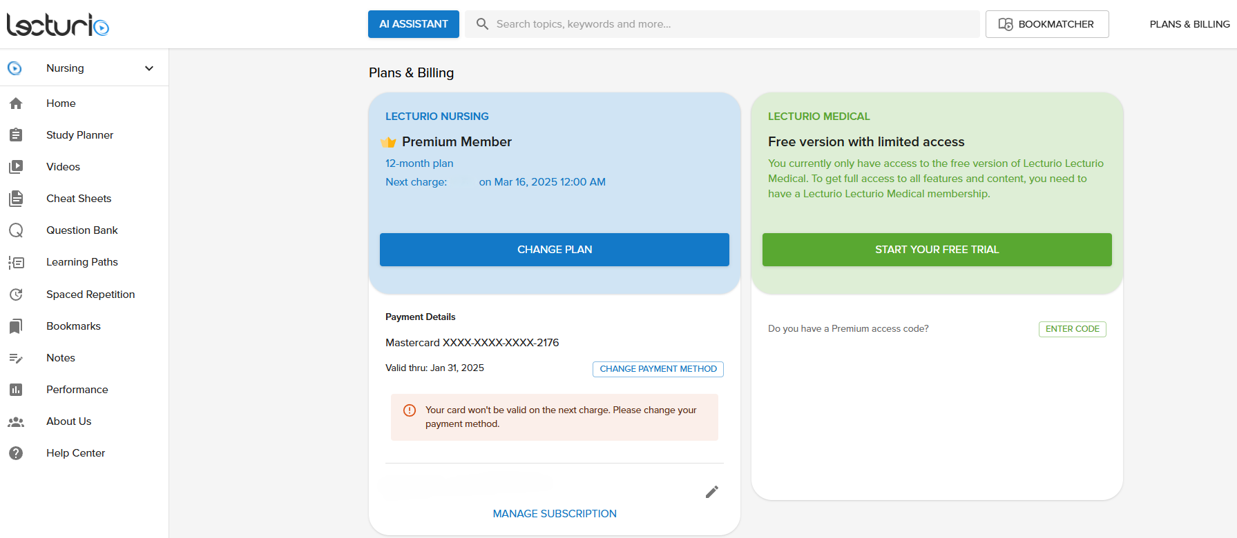 Screenshot showing the Plans & Billing page with Change Plan button