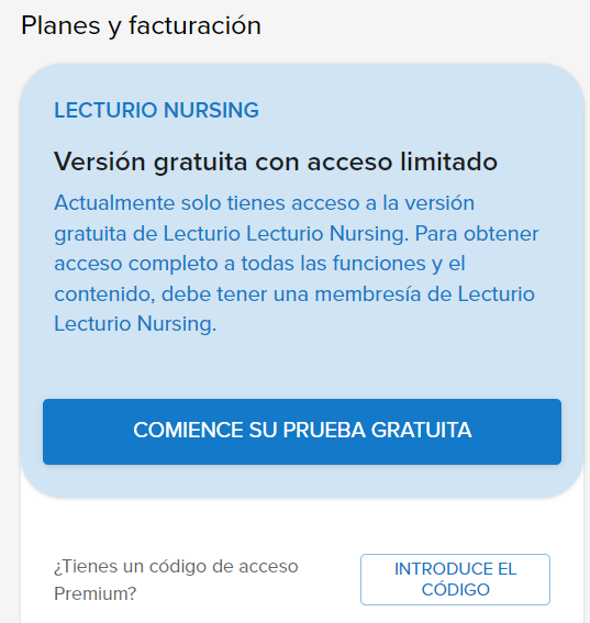 Sección Planes y facturación con campo para código de acceso