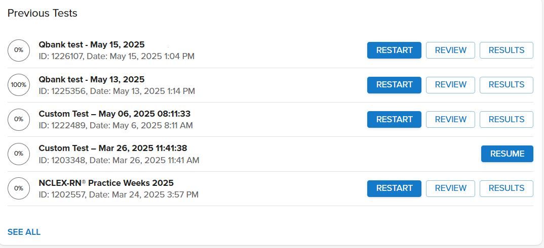 Screenshot showing the Previous Tests section with Resume, Restart, Review, and Results option