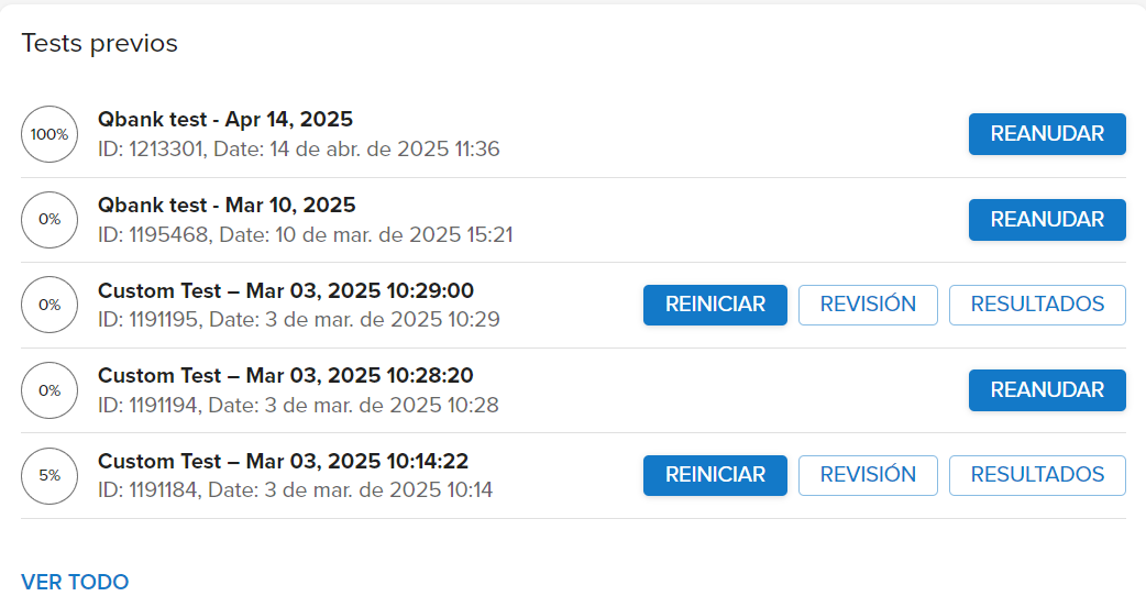 Captura de pantalla que muestra la sección Pruebas anteriores con las opciones Reanudar, Reiniciar, Revision y Resultados.