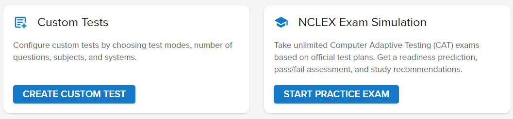 Two options for Qbank tests: Create a Custom Test or Start Practice Exam