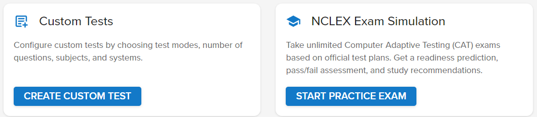 Qbank interface showing options to create custom test or start practice exam