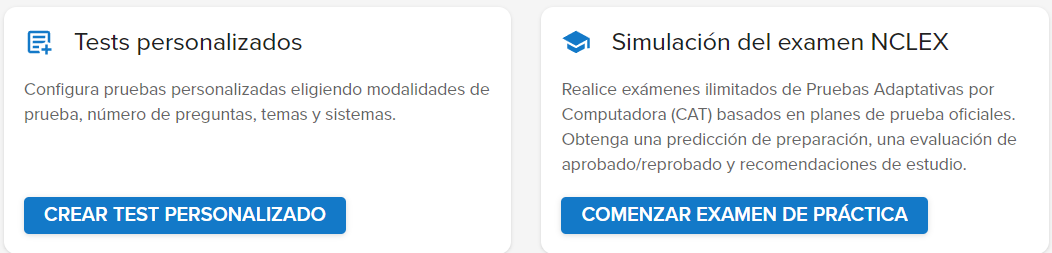 Crear test personalizado / Comenzar examen de practica