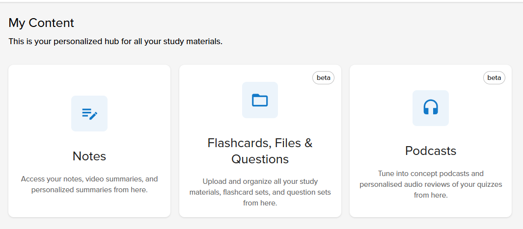 Tabs in "My content" including Notes, Flashcards and Podcasts