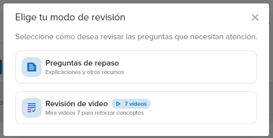 Captura de pantalla de la ventana emergente para seleccionar el modo de revisión